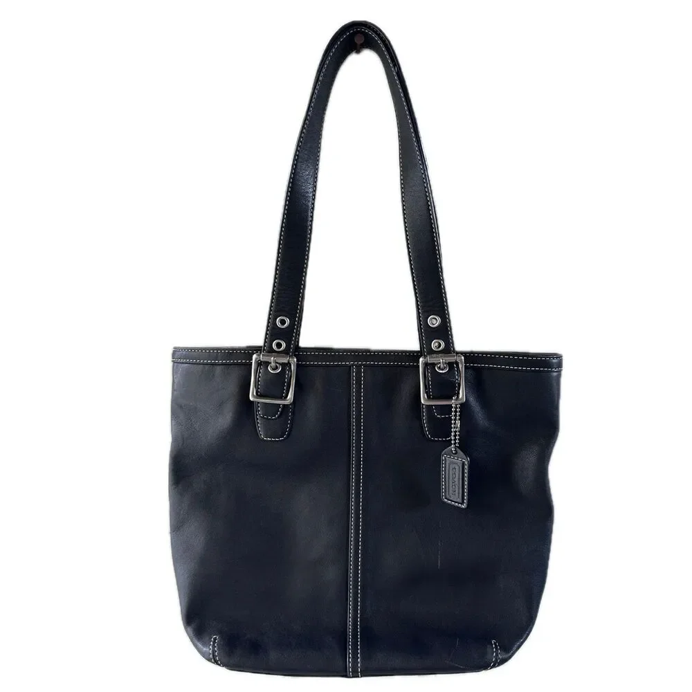 Coach 9572 Hamptons Black Smooth Leather Buckle Straps Hobo Tote Shoulder Bag